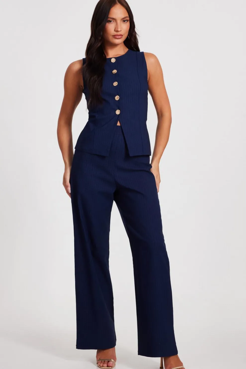 Navy Pinstripe Wide Leg Trousers