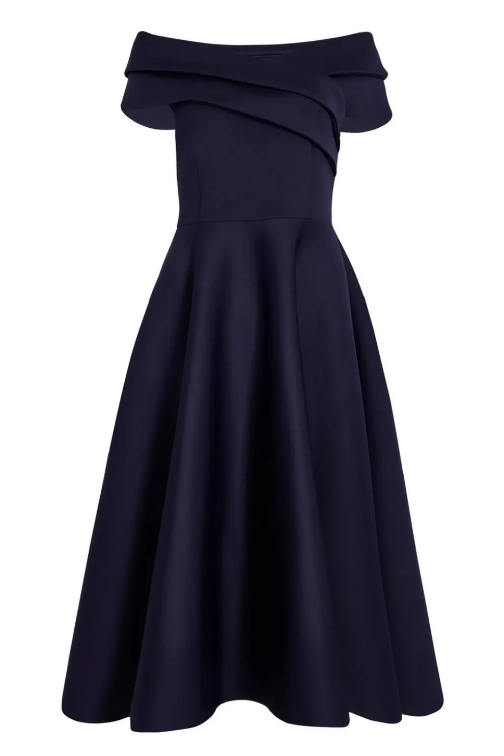 Navy Pleated Bardot Midi Dress