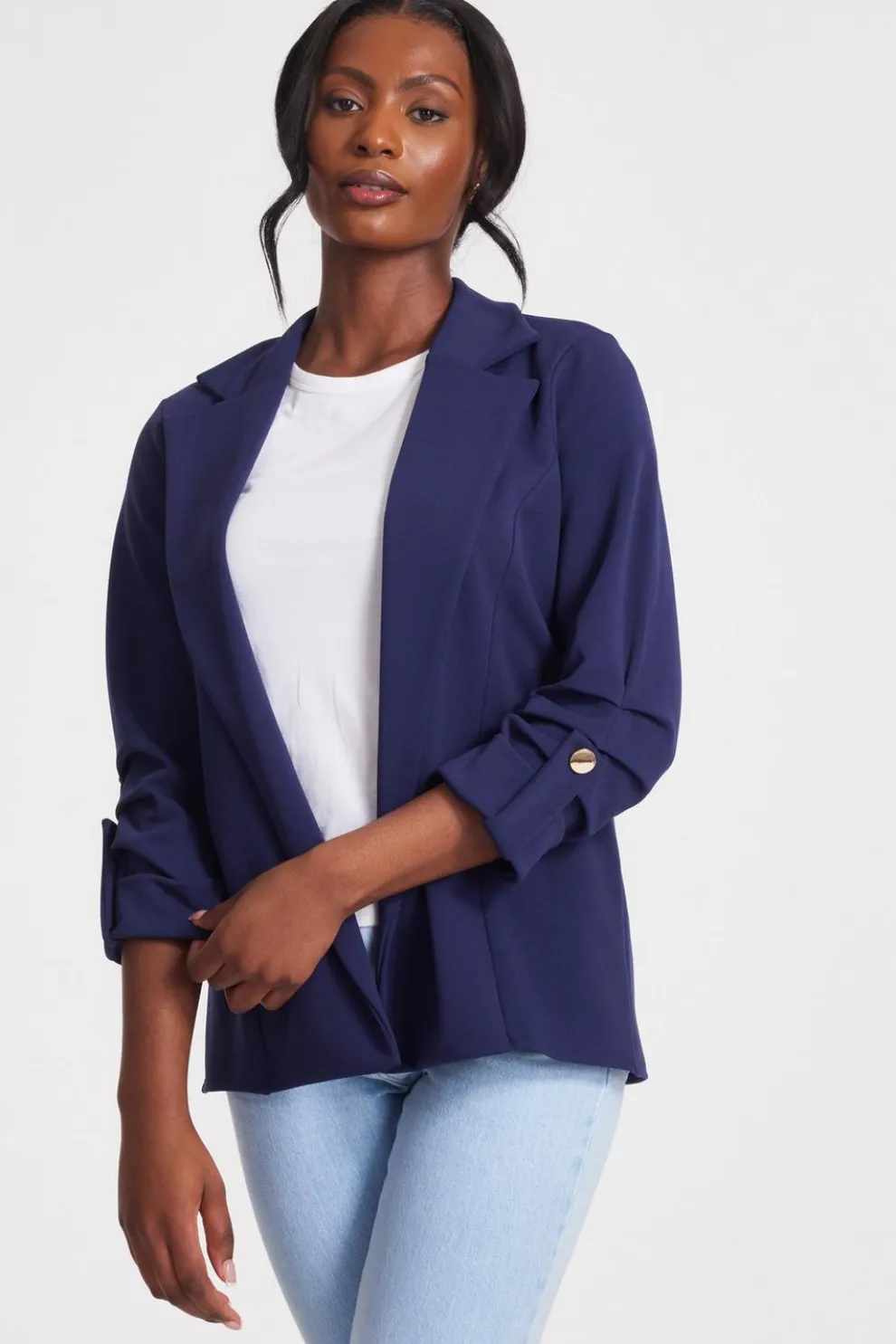 Navy Ruched Sleeve Blazer