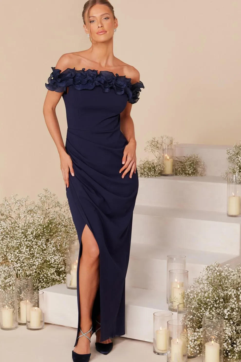 Navy Ruffle Bardot Maxi Dress
