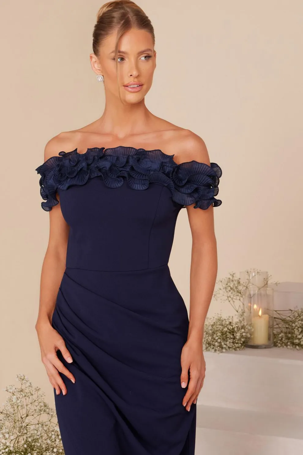 Navy Ruffle Bardot Maxi Dress
