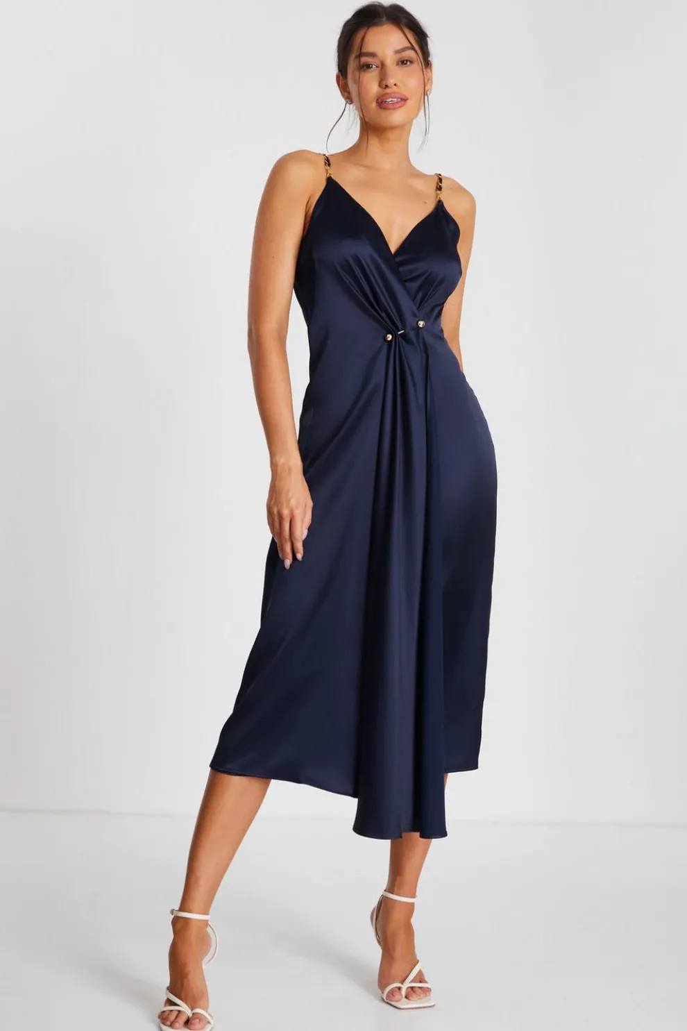 Navy Satin Buckle Front Midi Dress