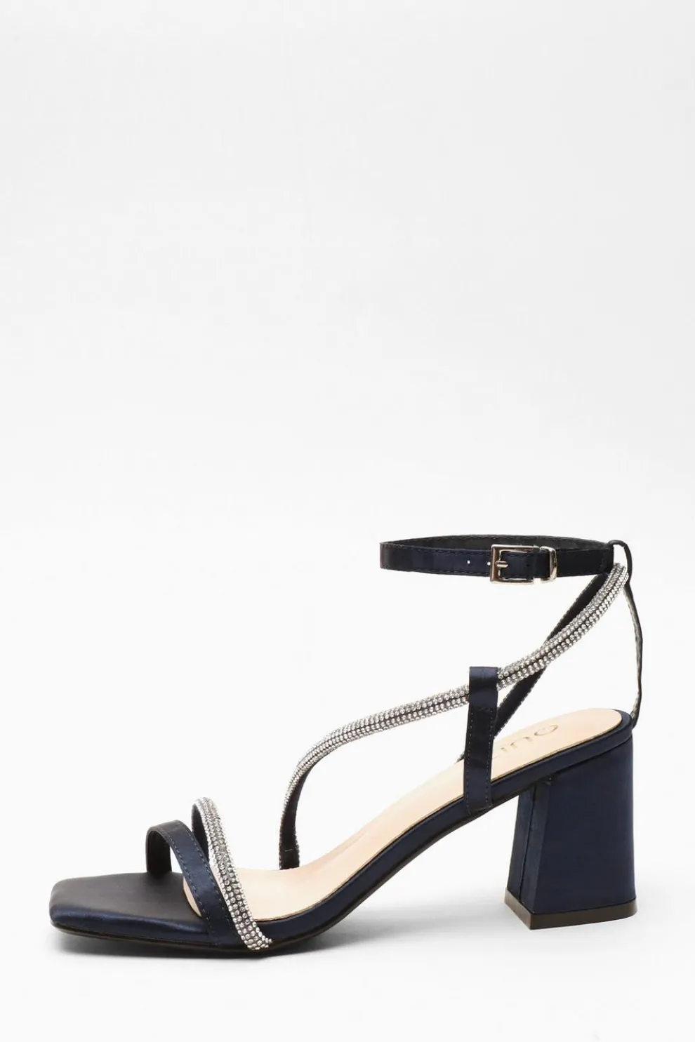 Navy Satin Diamante Block Heeled Sandals