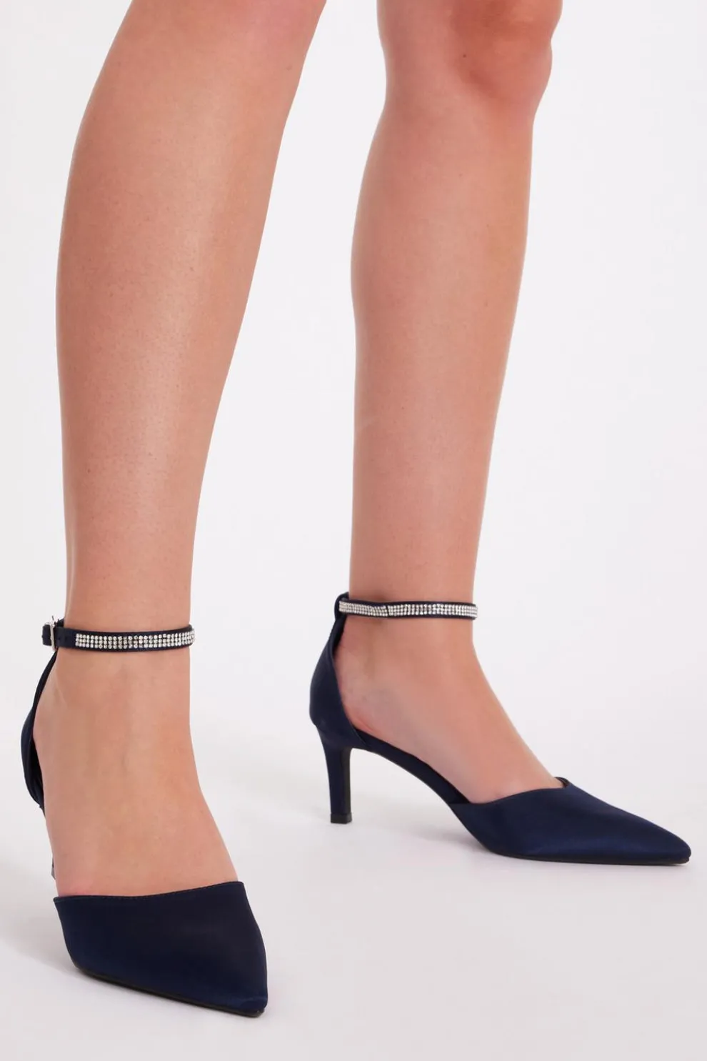 Navy Satin Diamante Strap Court Heels