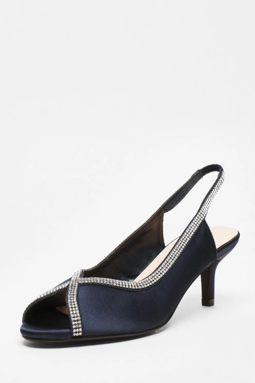 Navy Satin Diamante Low Heeled Slingback Heels