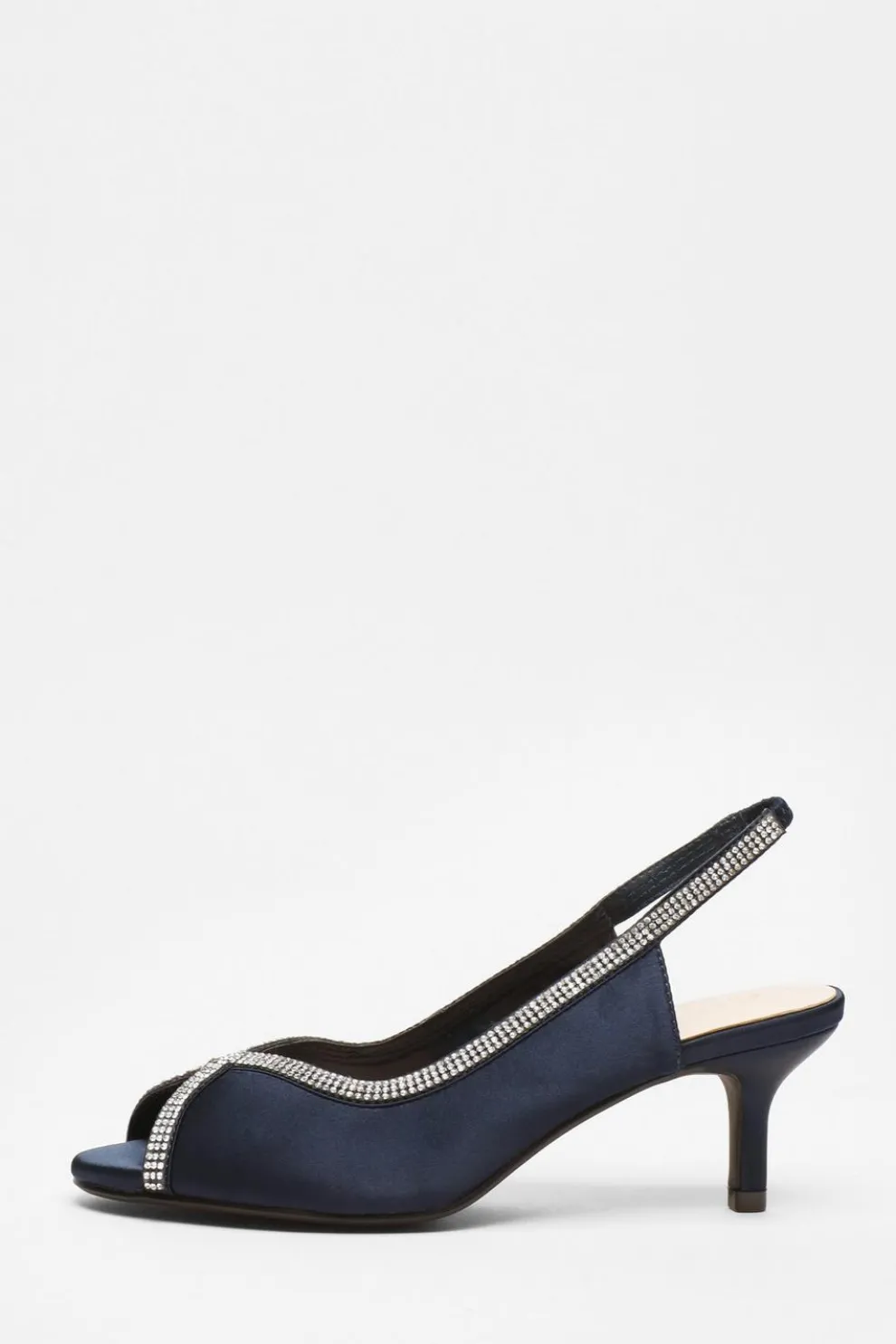 Navy Satin Diamante Low Heeled Slingback Heels