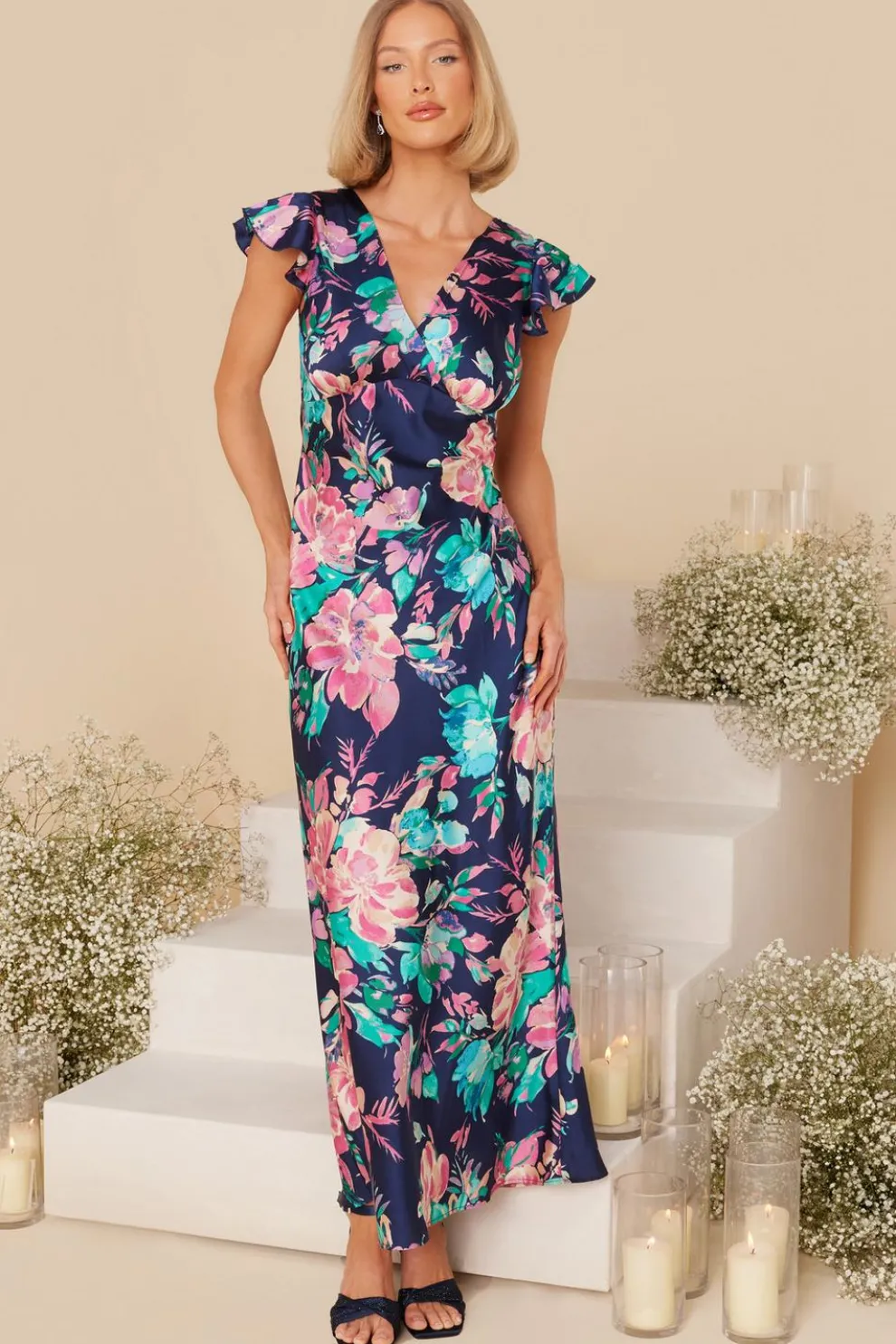 Navy Satin Floral Maxi Dress