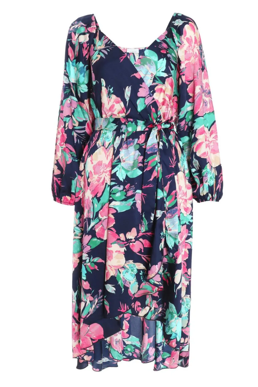 Navy Satin Floral Wrap Dip Hem Midi Dress