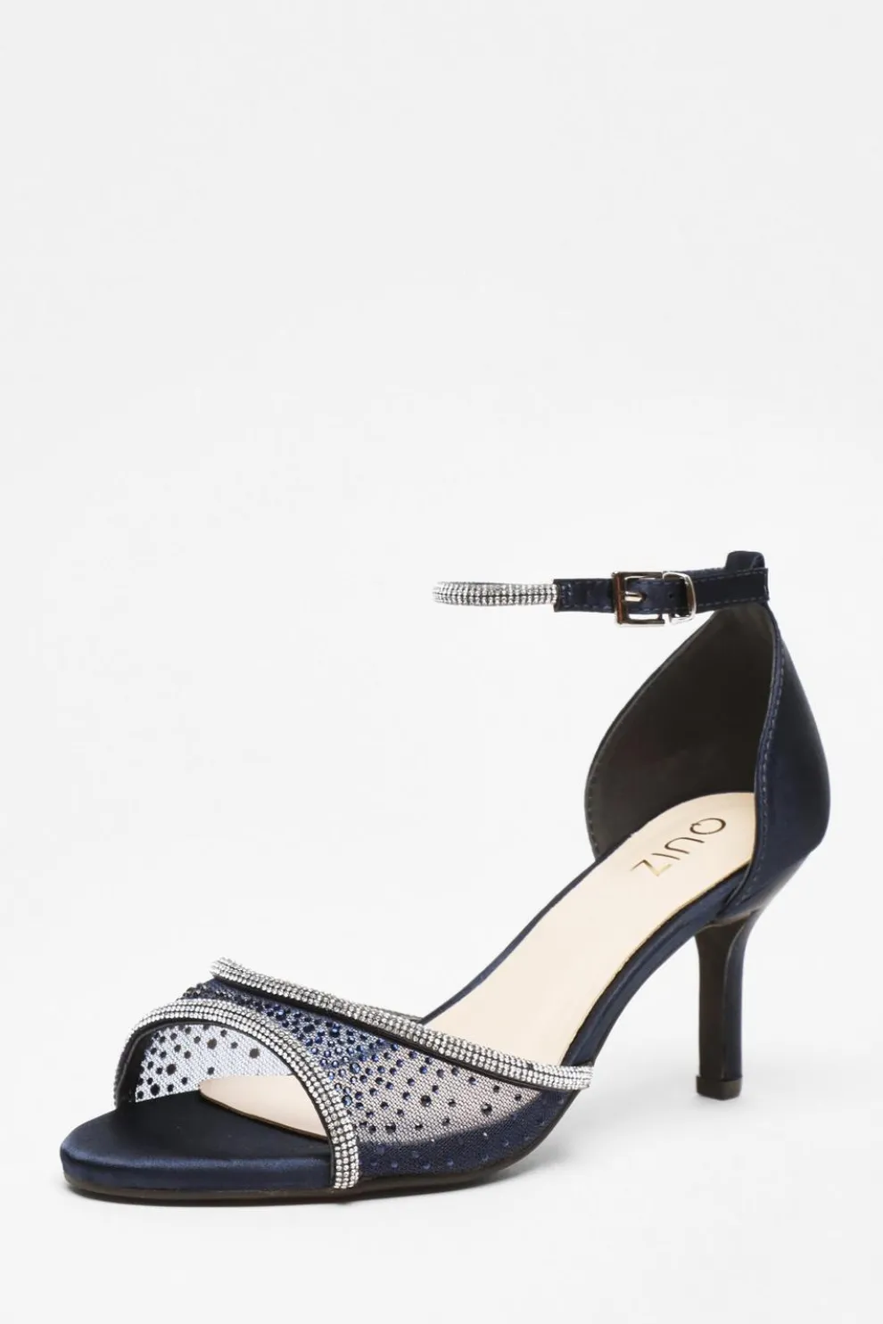 Navy Satin Mesh Diamante Heeled Sandal