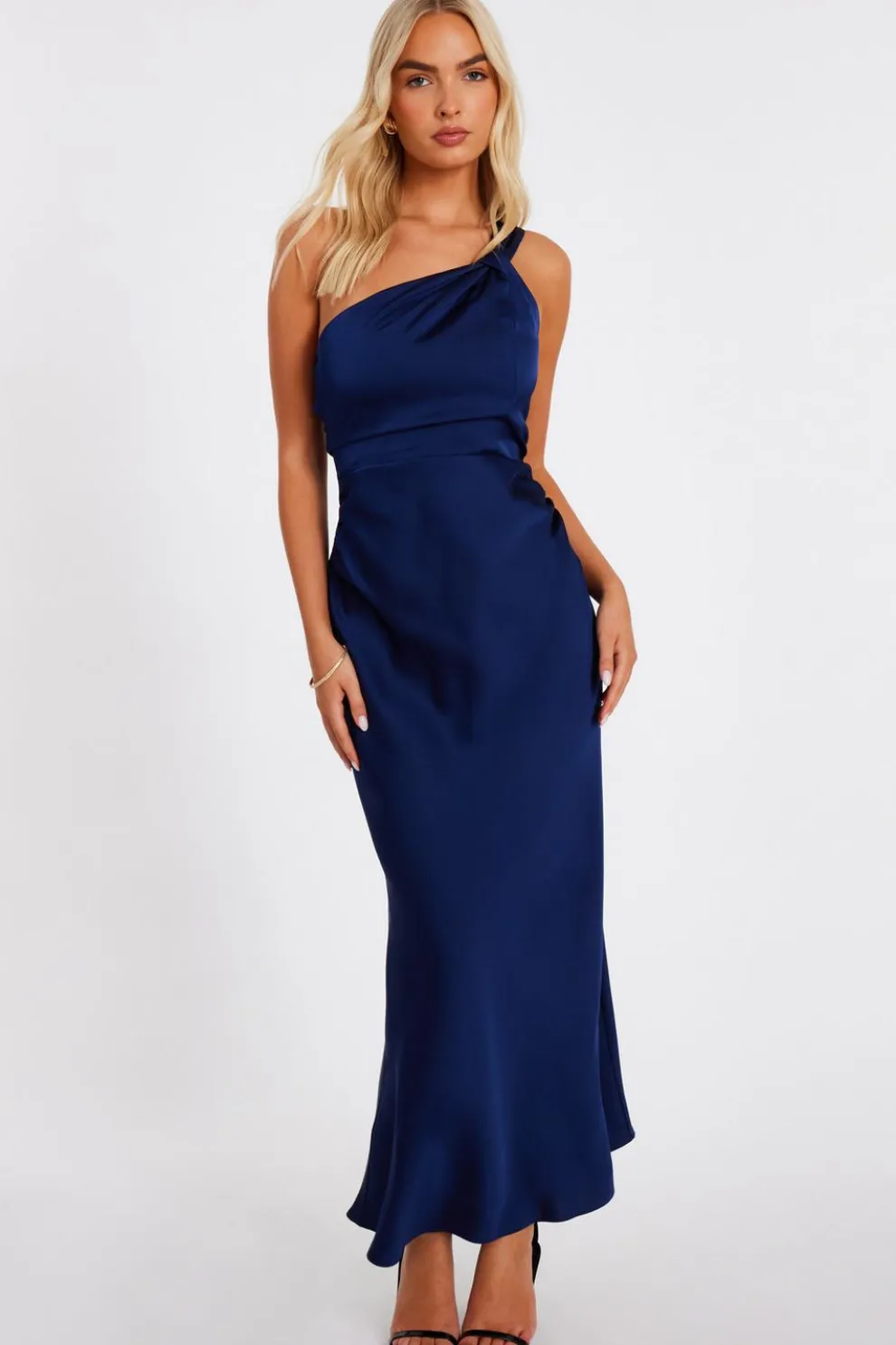 Navy Satin One Shoulder Midaxi Dress