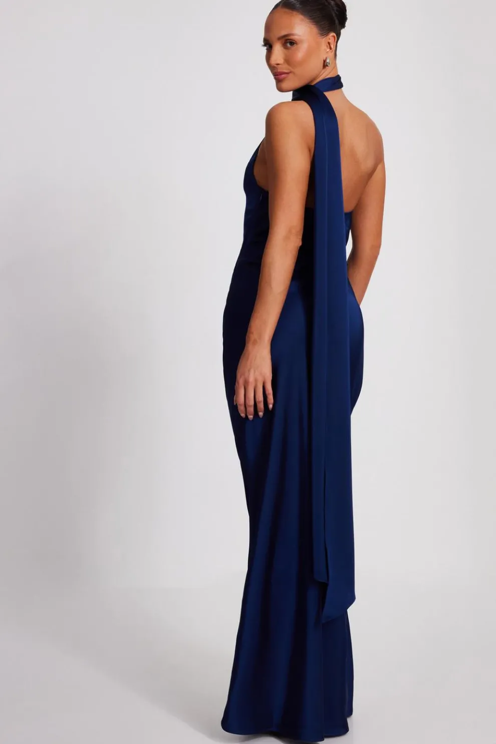Navy Satin Wrap Neck Maxi Dress