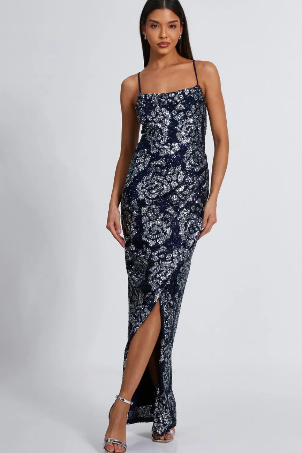 Navy Sequin Floral Maxi Dress