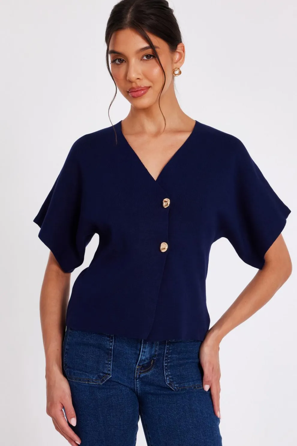 Navy Short Sleeve Knit Cardigan