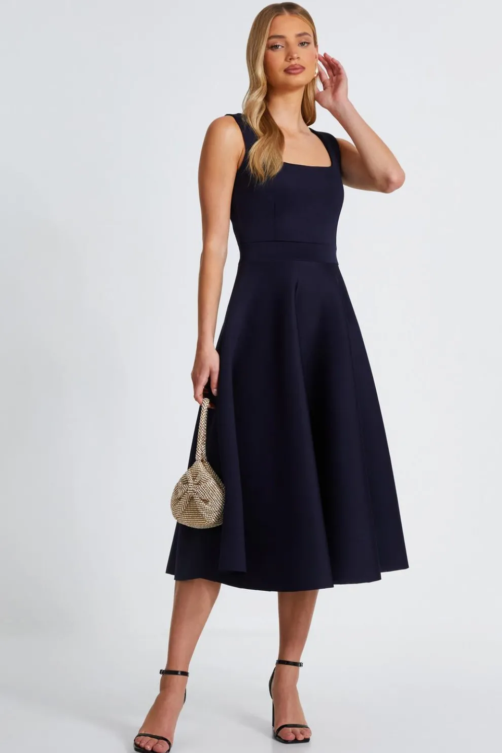 Navy Square Neckline Skater Dress