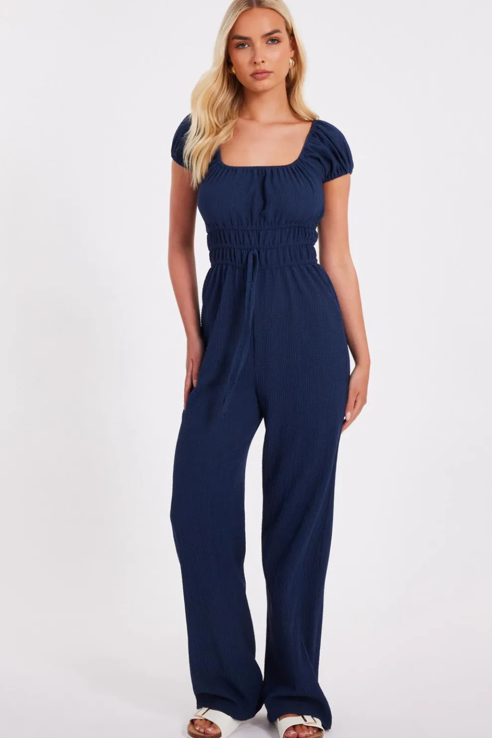 Navy Textured Puff Sleeve Jumpsuit