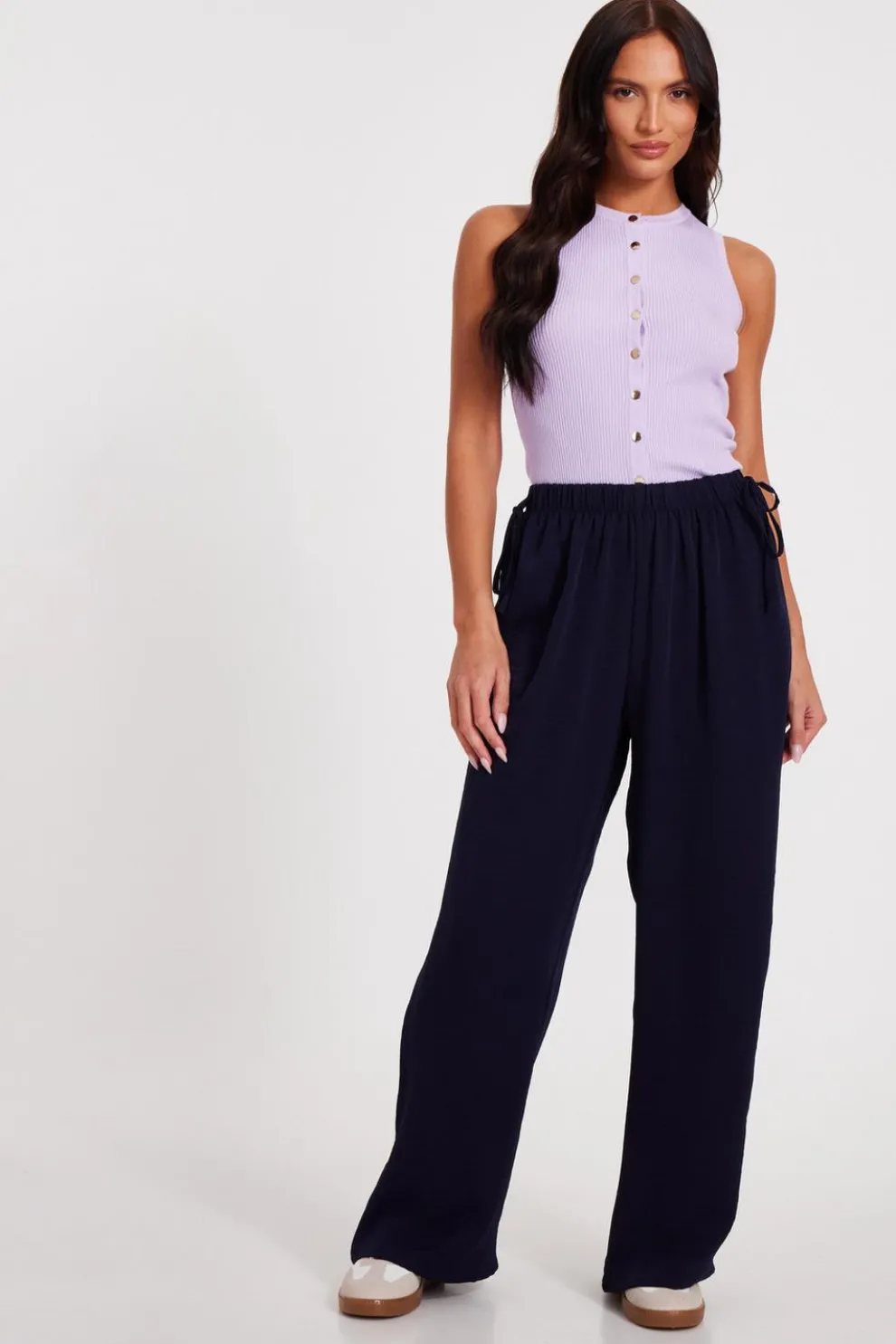 Navy Tie Waist Palazzo Trousers