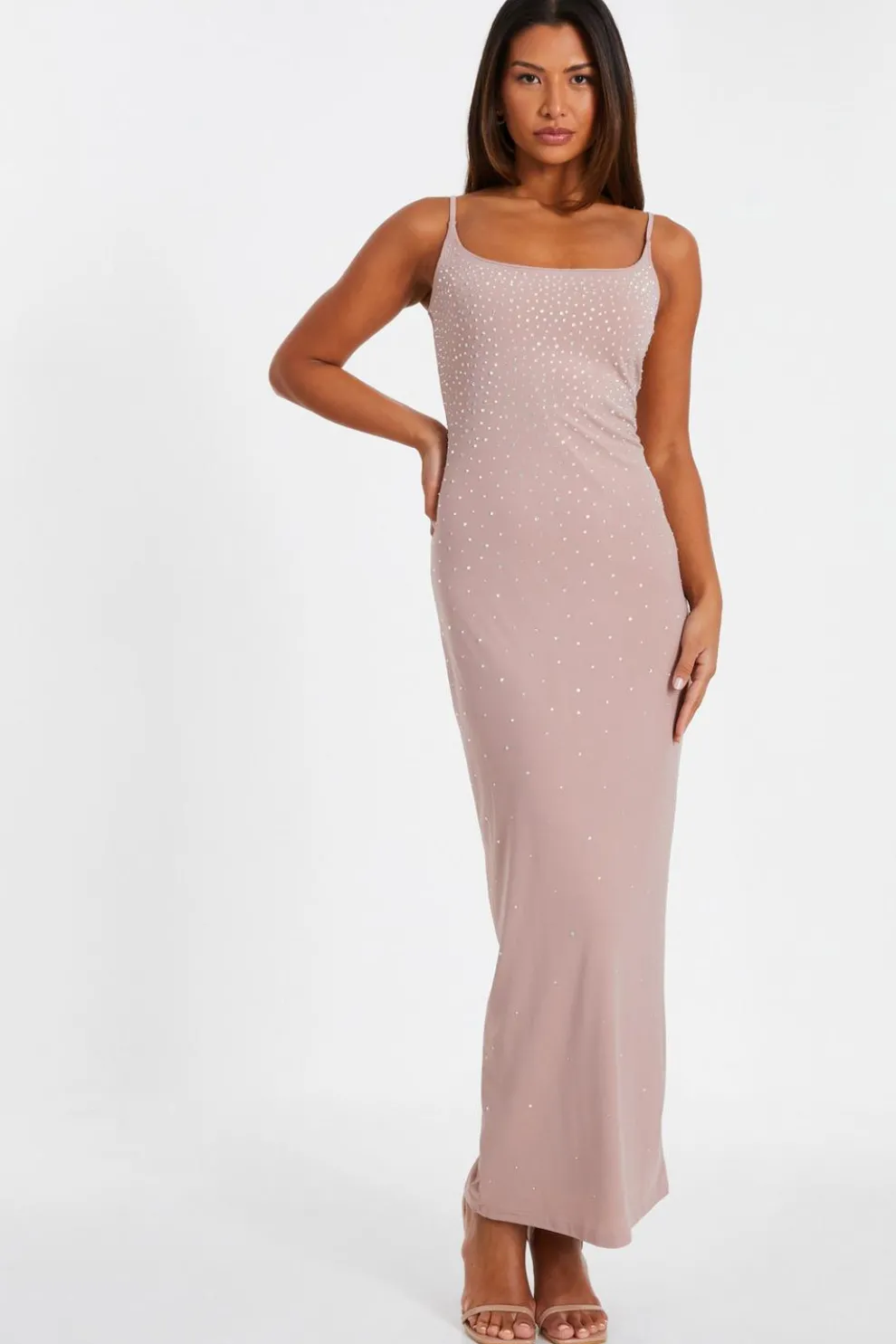 Nude Rhinestone Square Neck Maxi Dress