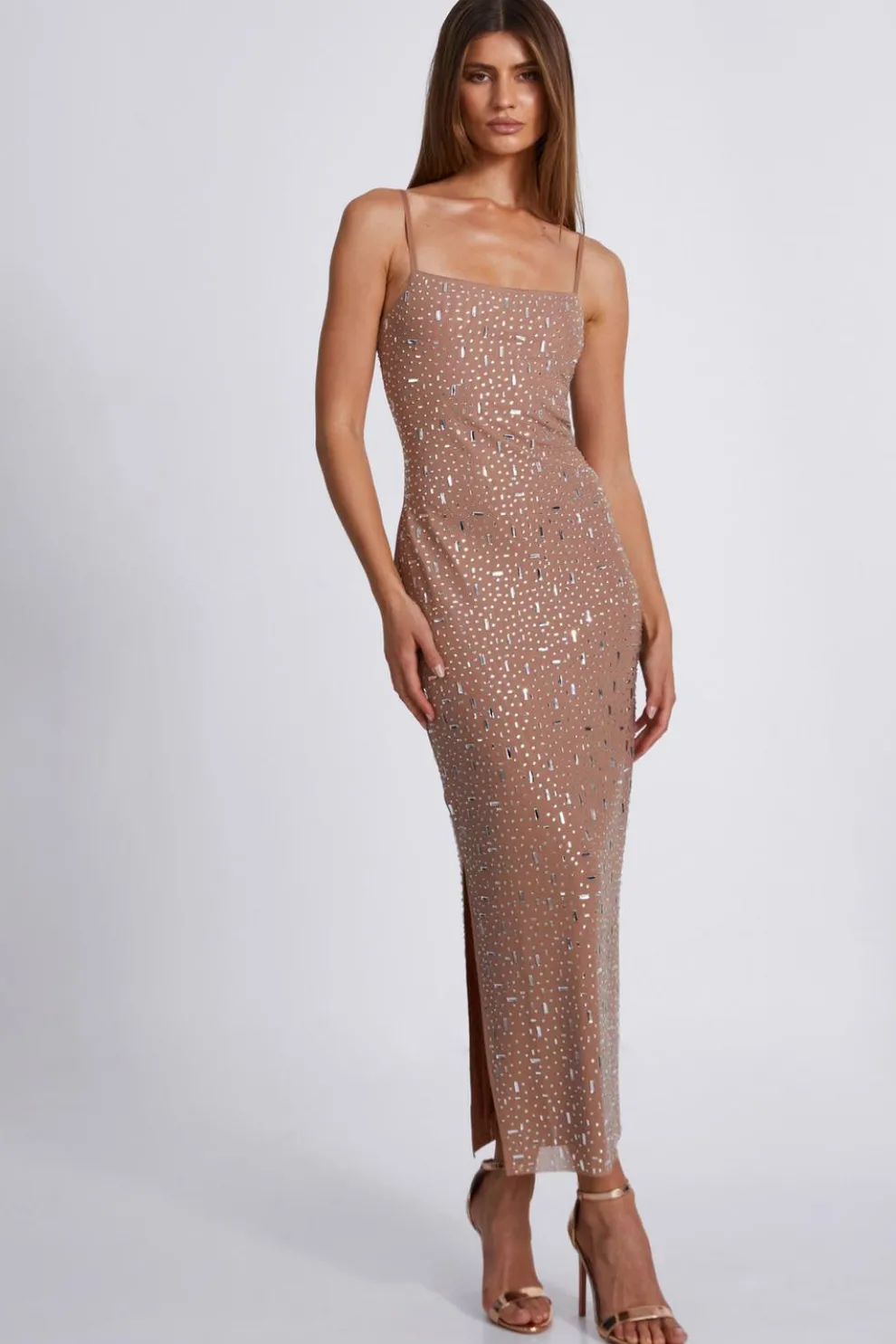 Nude Square Neck Embellished Maxi Dress