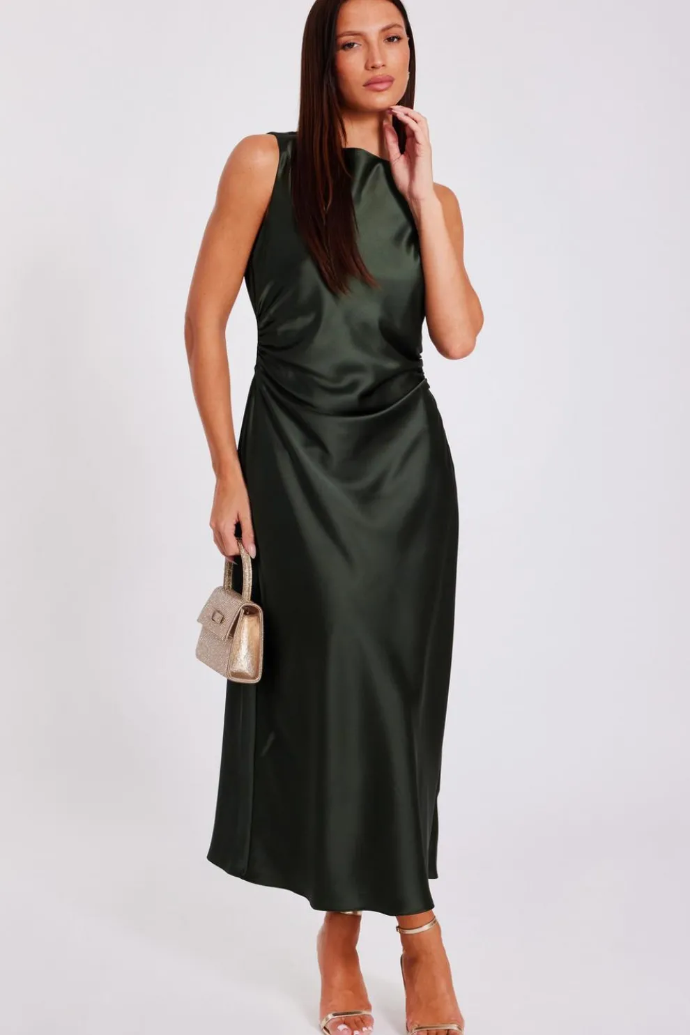 Olive Satin Ruched Midi Dress