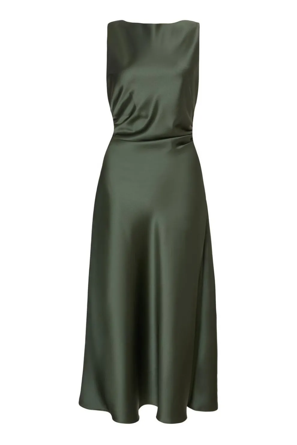 Olive Satin Ruched Midi Dress