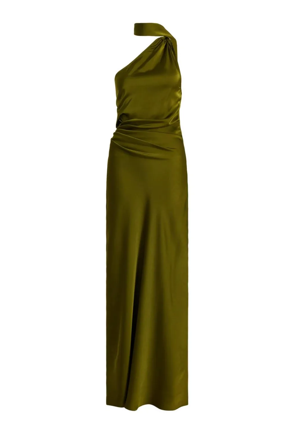 Olive Satin Wrap Neck Maxi Dress