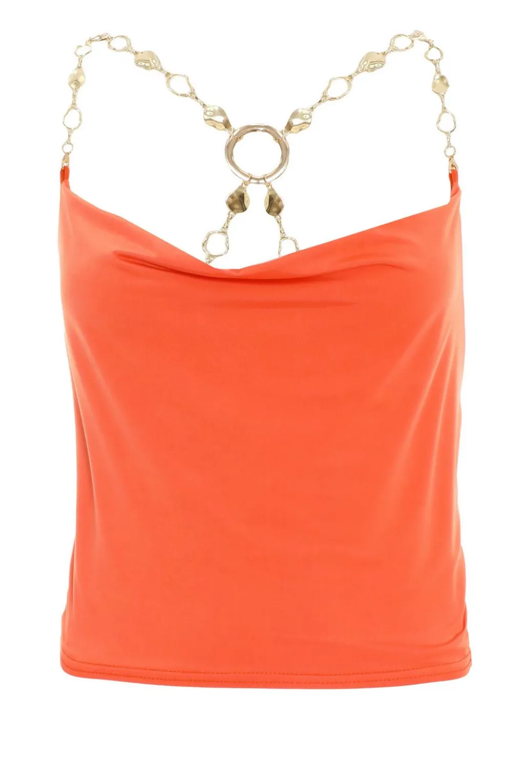 Orange Cowl Neck Chain Crop Top