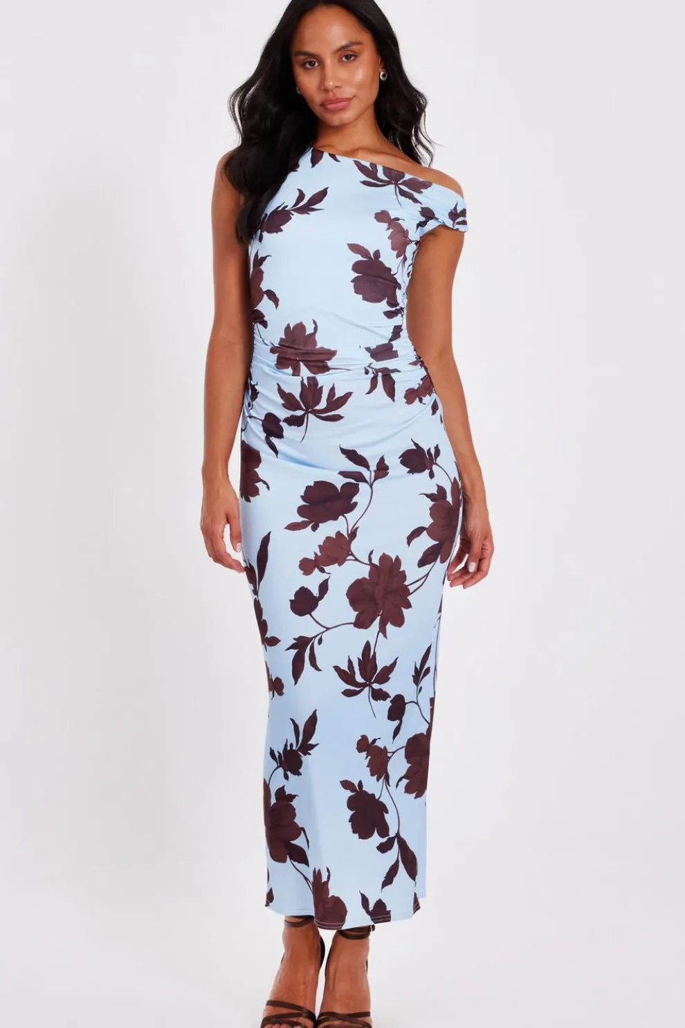 Pale Blue Floral Asymmetric Midaxi Dress