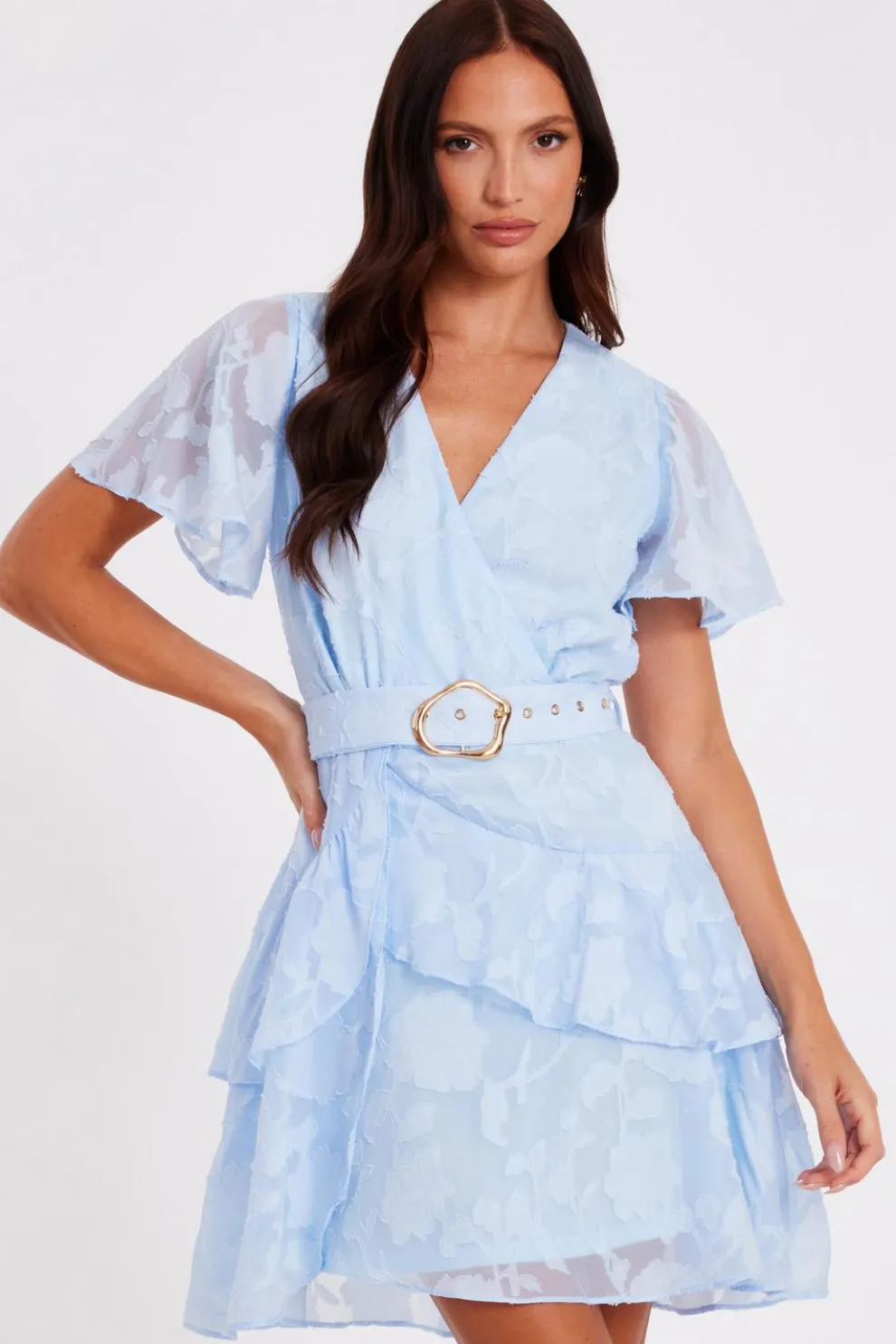 Pale Blue Frill Belted Skater Dress
