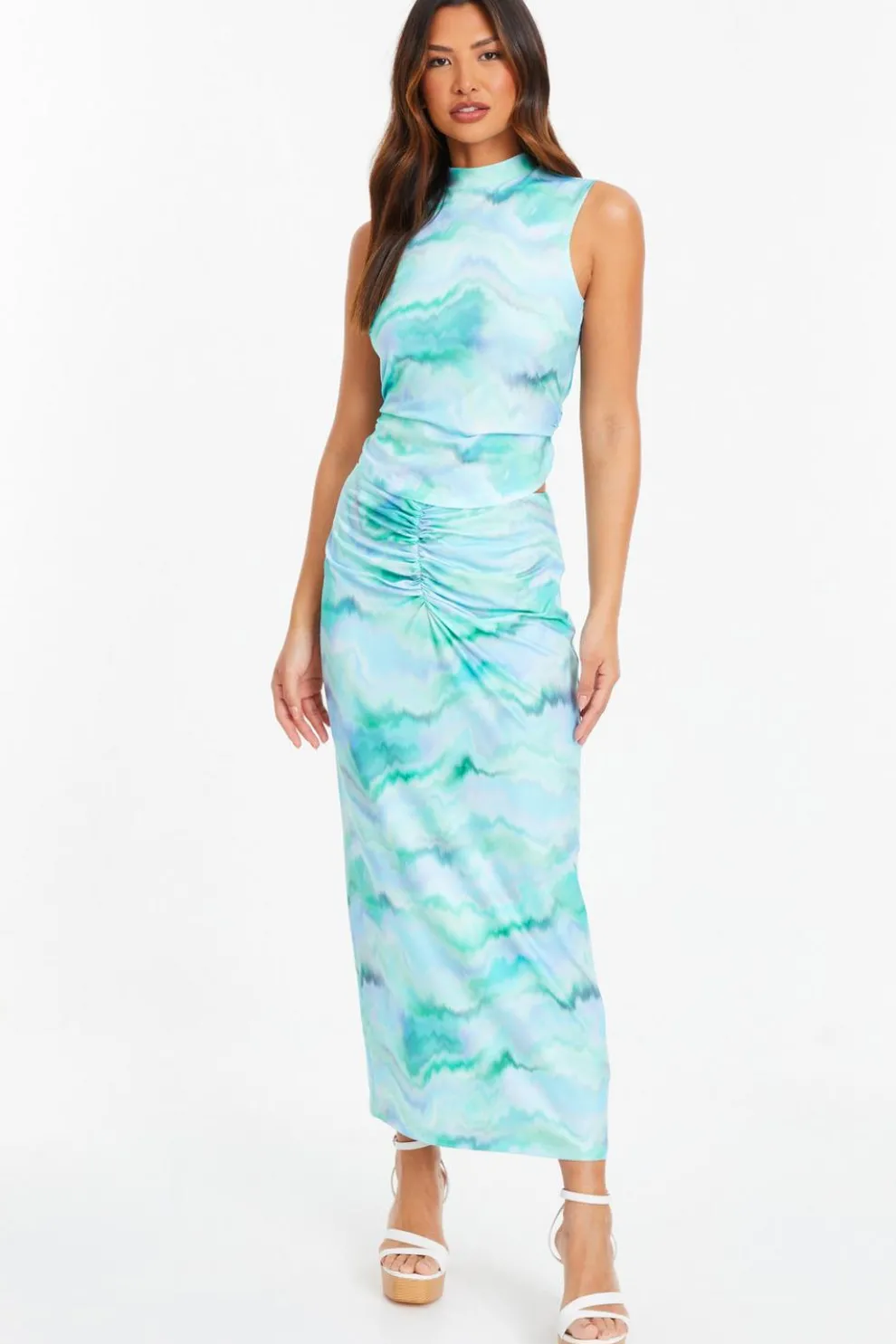 Pale Blue Marble Print Ruched Midi Skirt