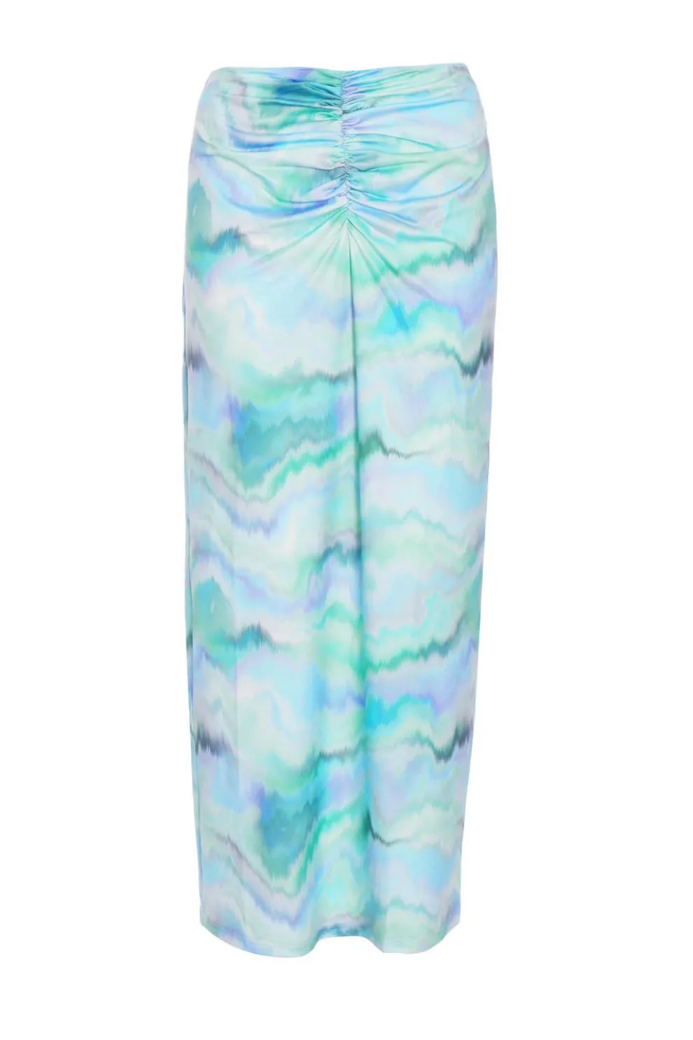 Pale Blue Marble Print Ruched Midi Skirt