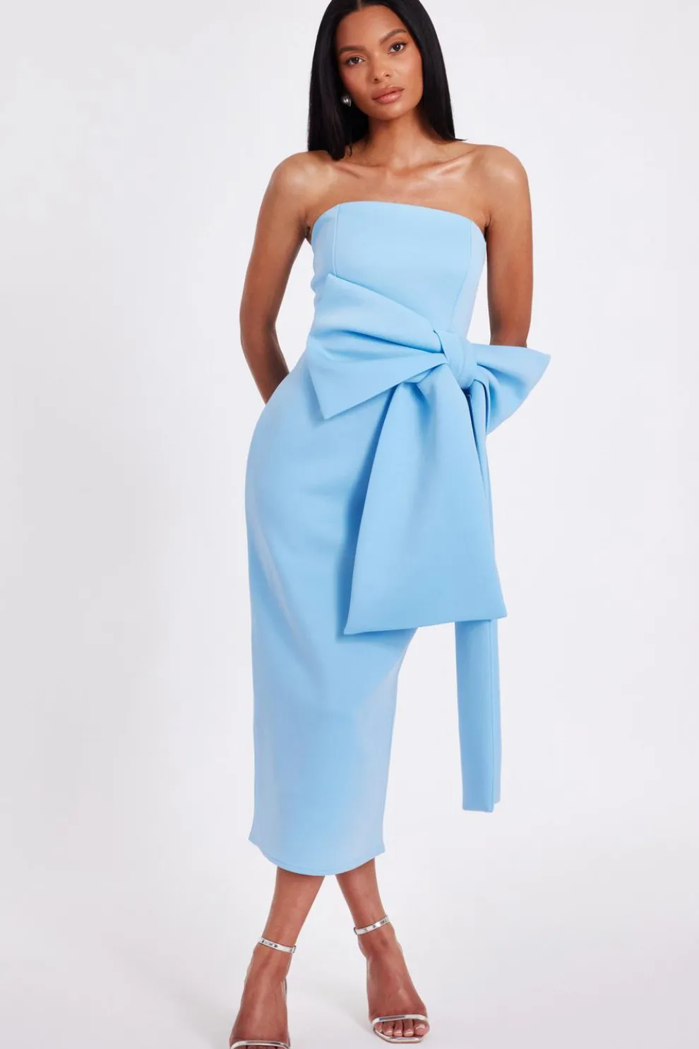 Pale Blue Strapless Bow Midi Dress
