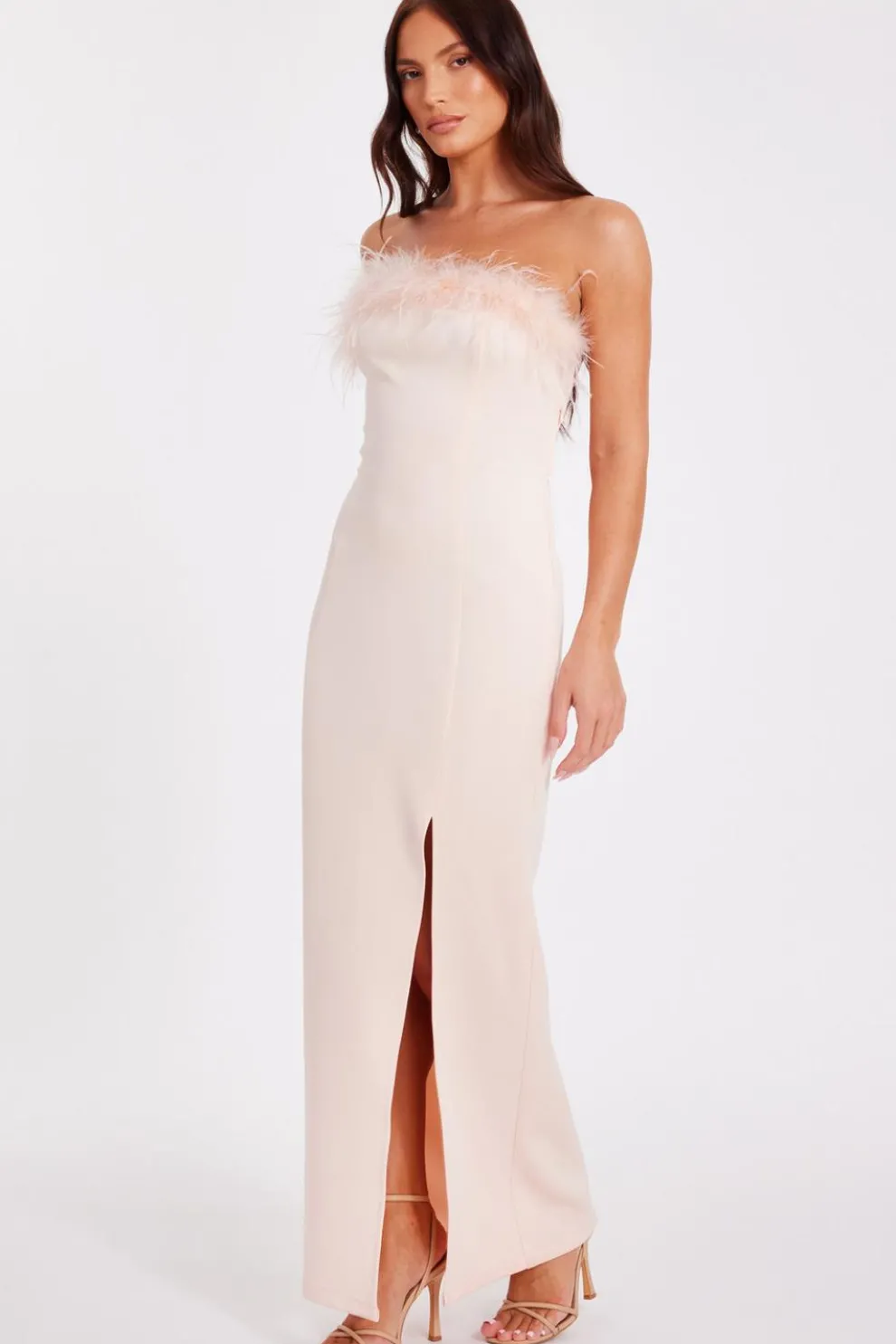Peach Feather Trim Midaxi Dress