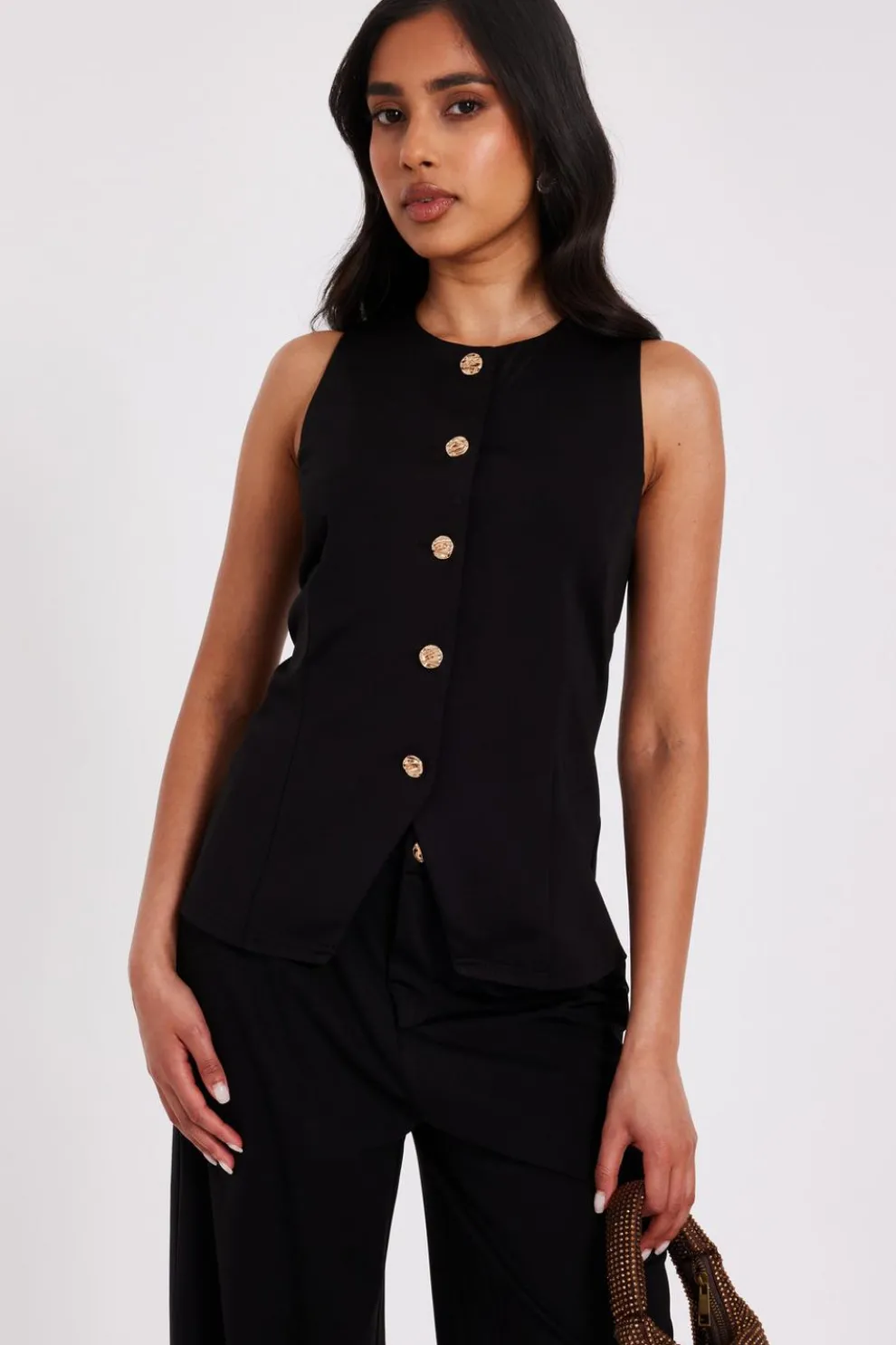Petite Black Button Front Waistcoat
