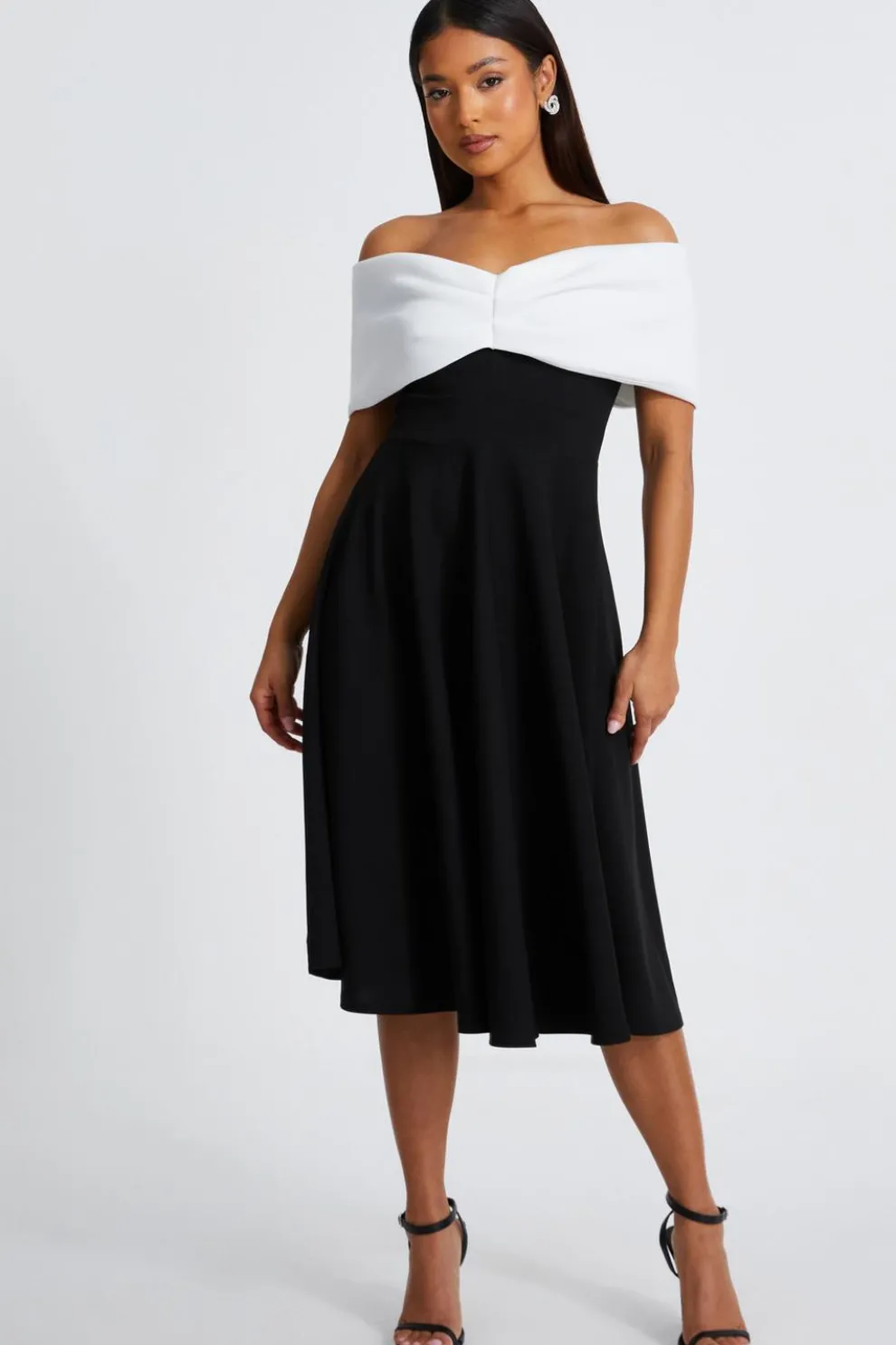 Petite Black Contrast Bardot Midi Dress