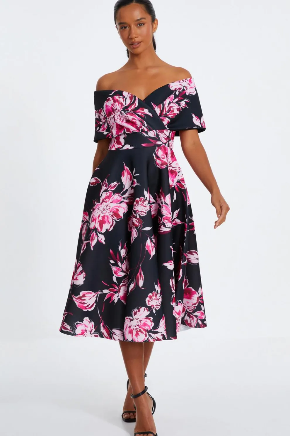 Petite Black Floral Bardot Skater Midi Dress
