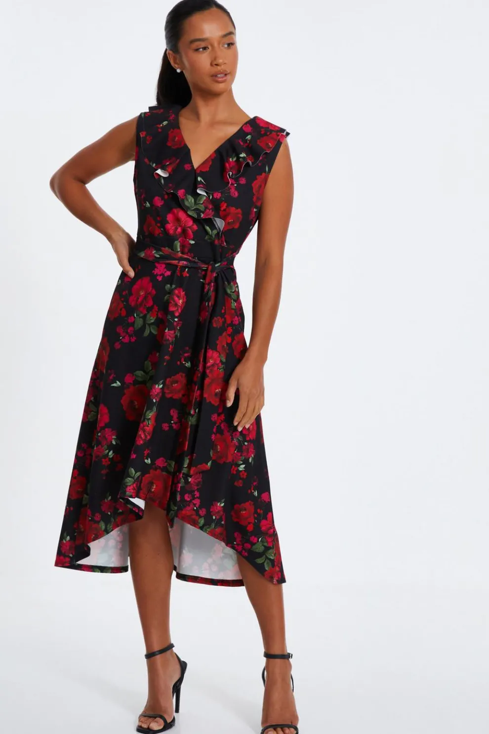 Petite Black Floral Dip Hem Midi Dress