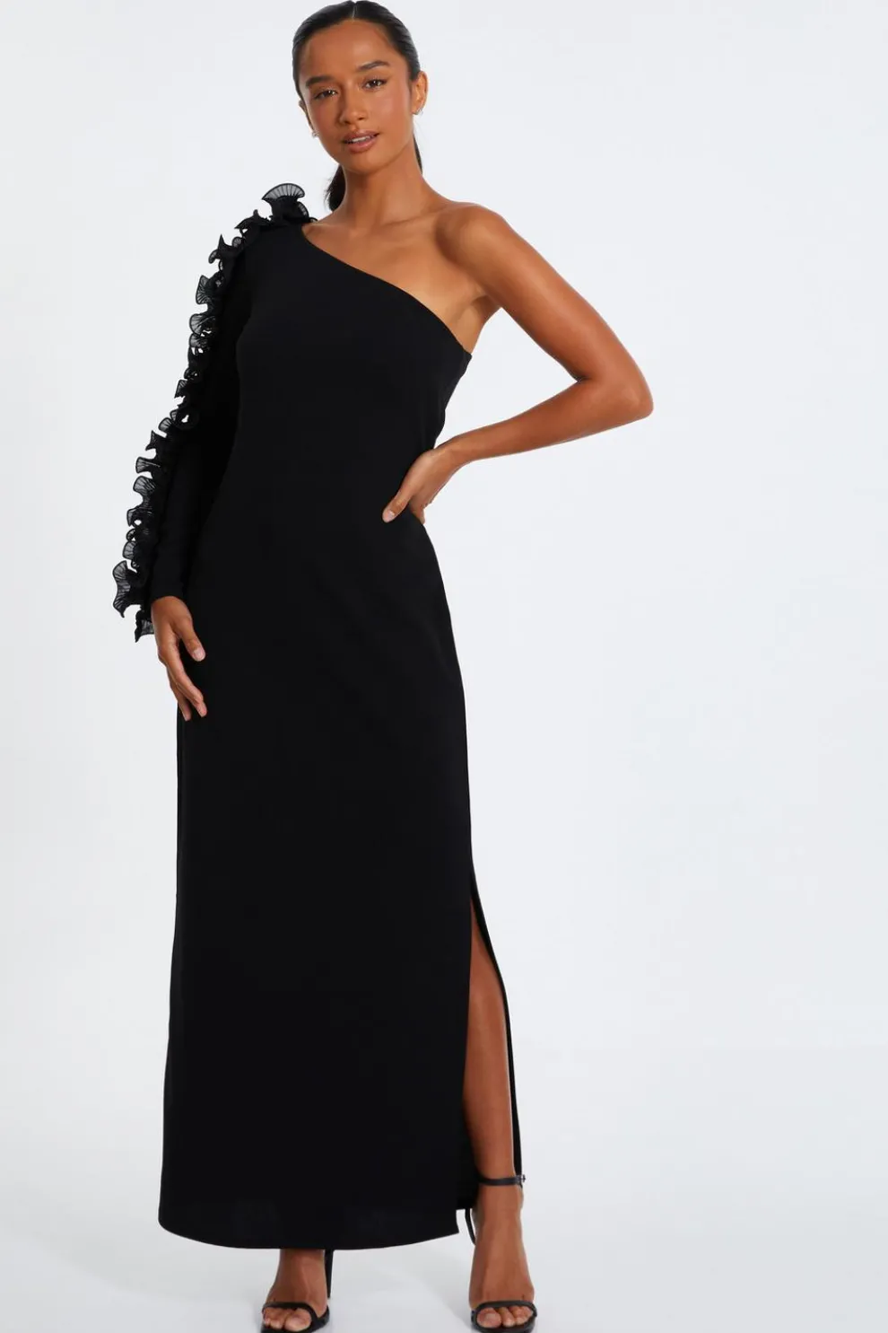 Petite Black Frill One Shoulder Maxi Dress