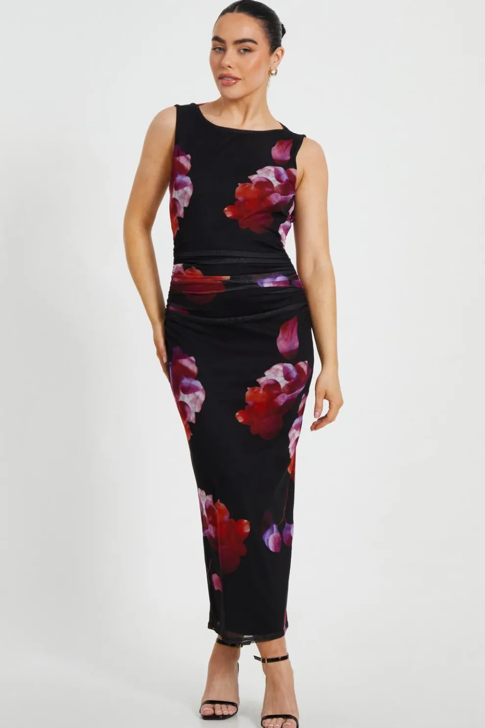Petite Black Mesh Floral Midaxi Dress