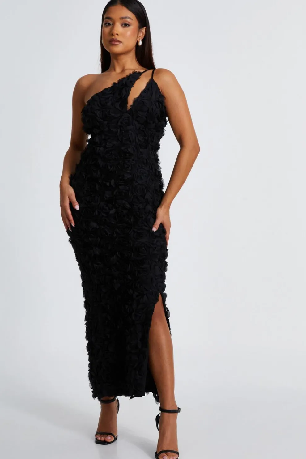 Petite Black One Shoulder Floral Maxi Dress