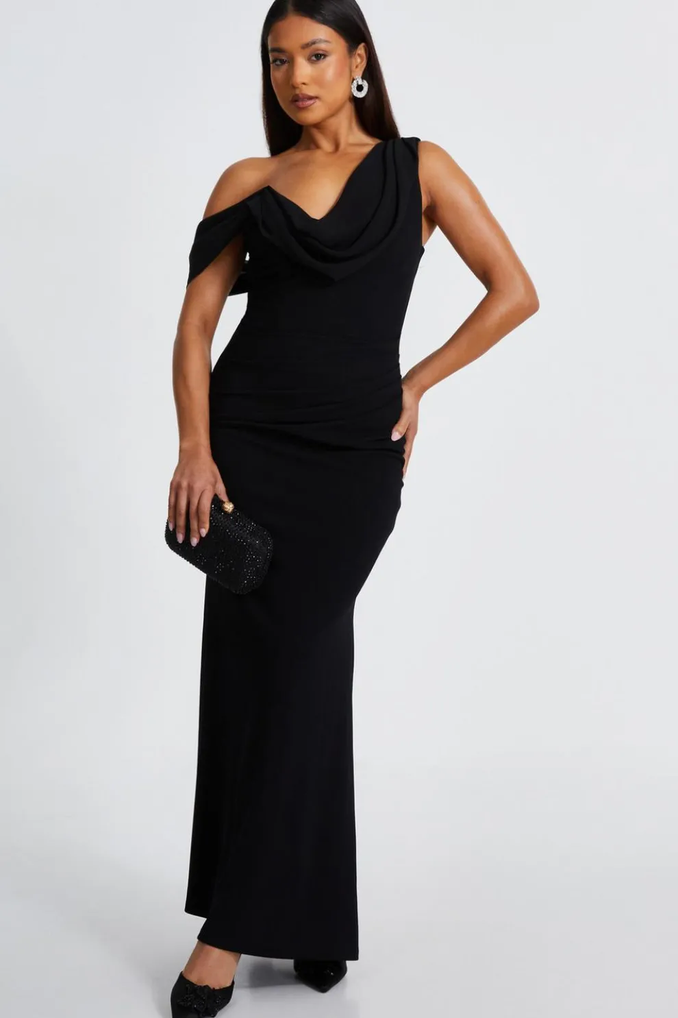Petite Black One Shoulder Maxi Dress