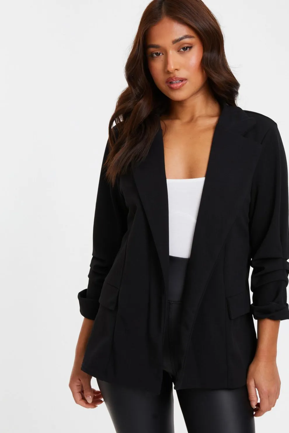 Petite Black Ruched Sleeve Blazer