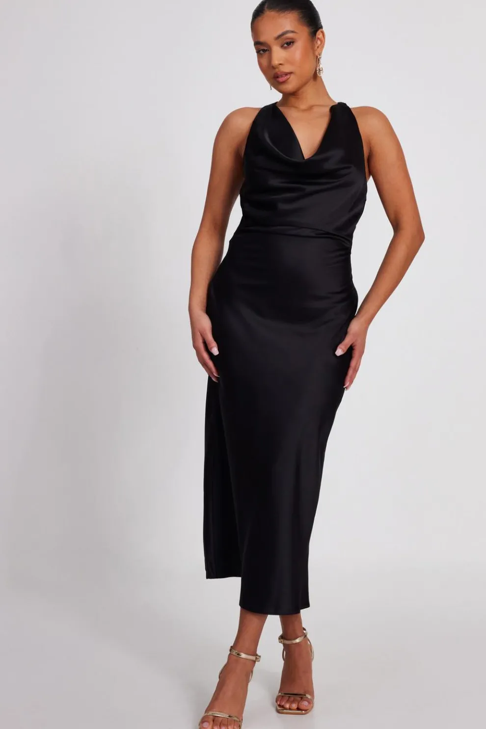 Petite Black Satin Midaxi Dress