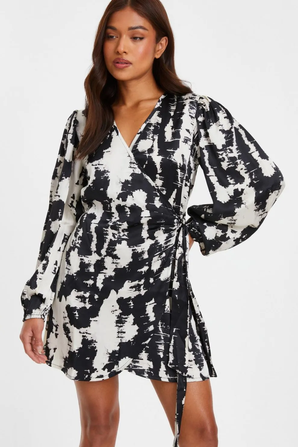 Petite Black Satin Marble Print Wrap Dress
