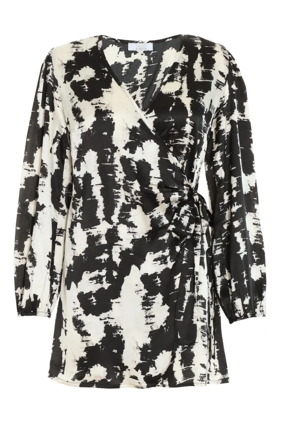 Petite Black Satin Marble Print Wrap Dress