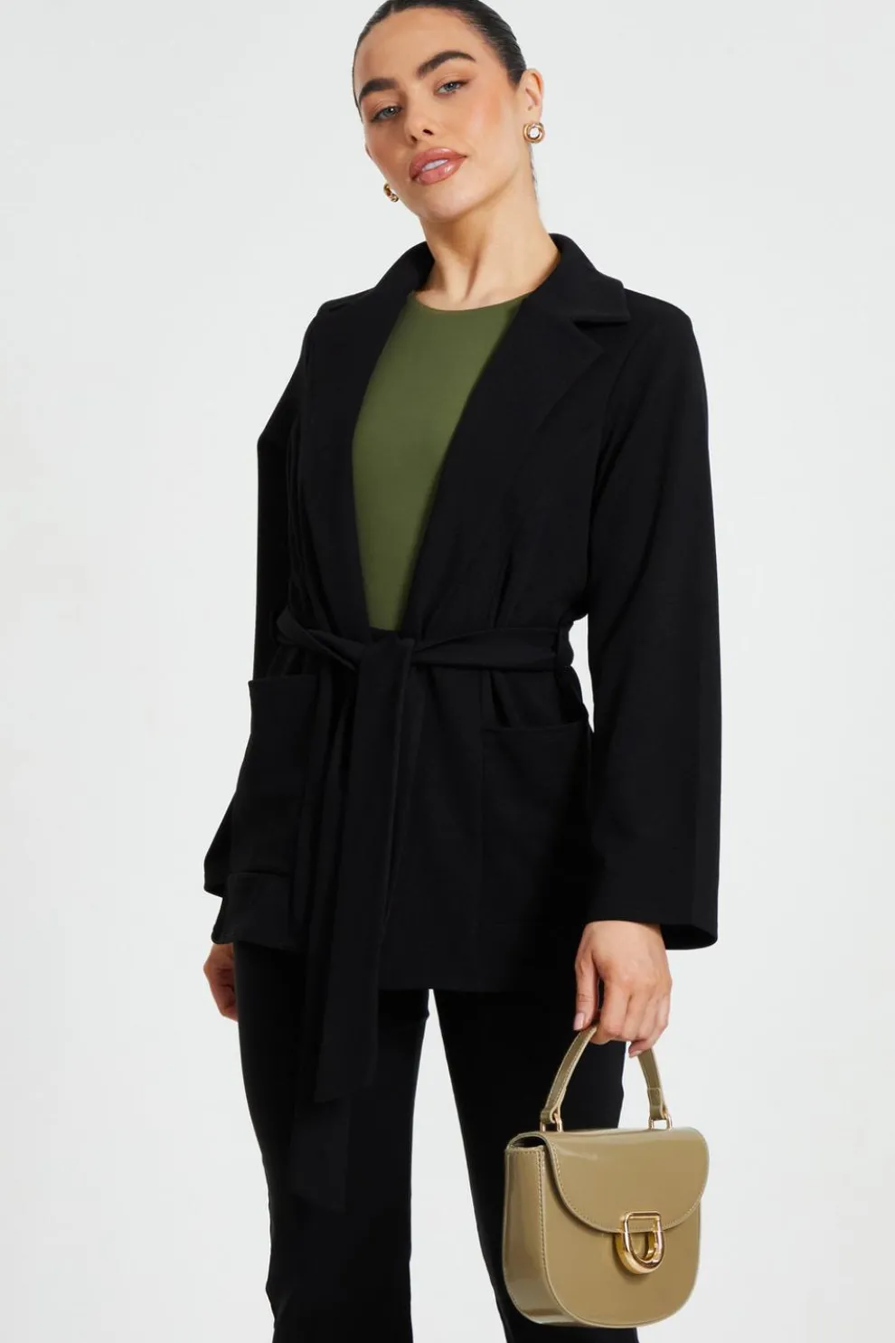 Petite Black Tie Waist Blazer
