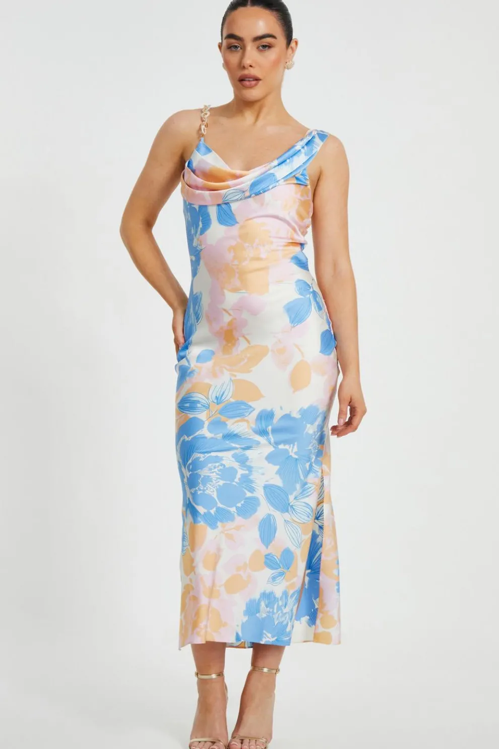 Petite Blue Satin Floral Midaxi Dress
