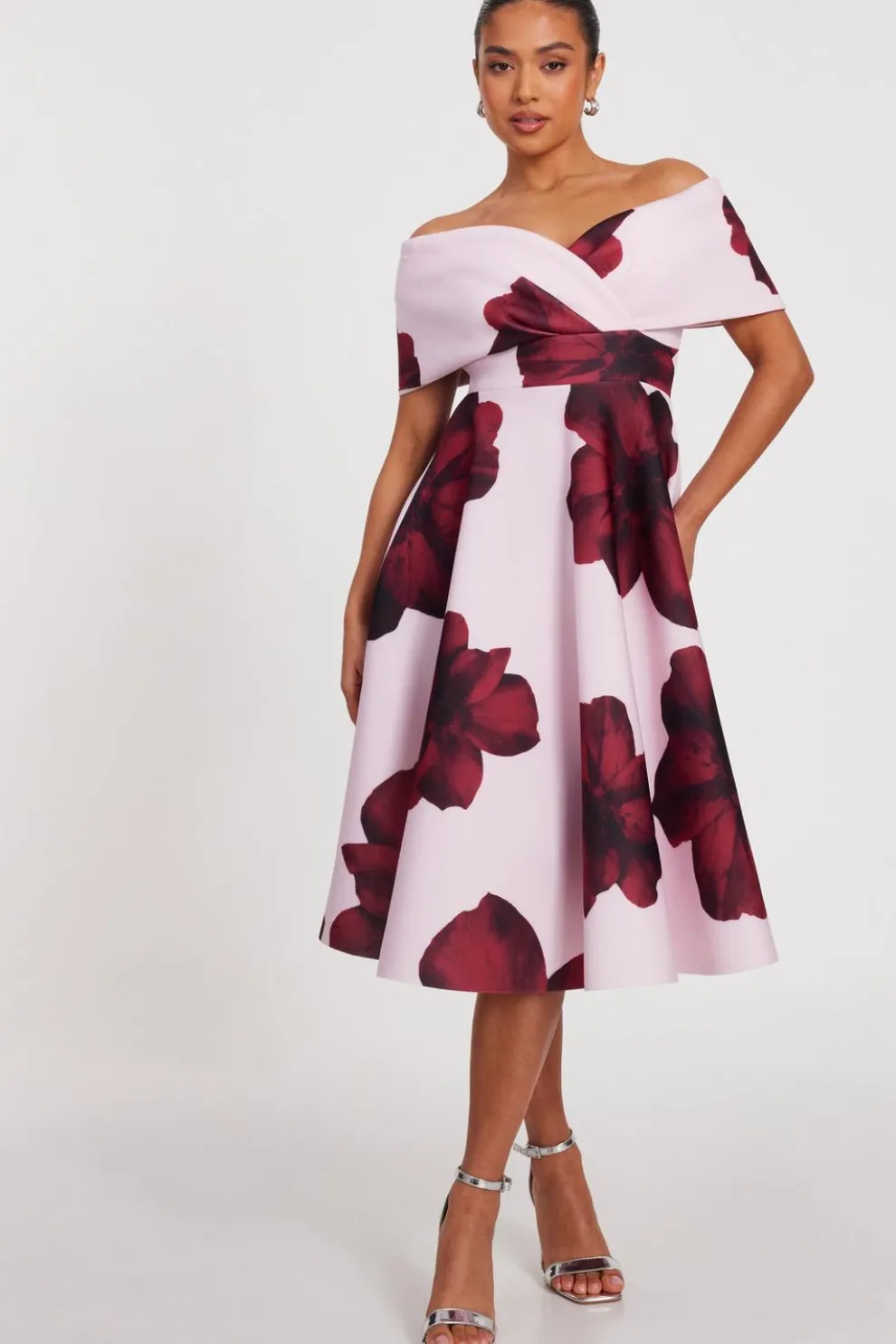 Petite Blush Bardot Floral Skater Dress