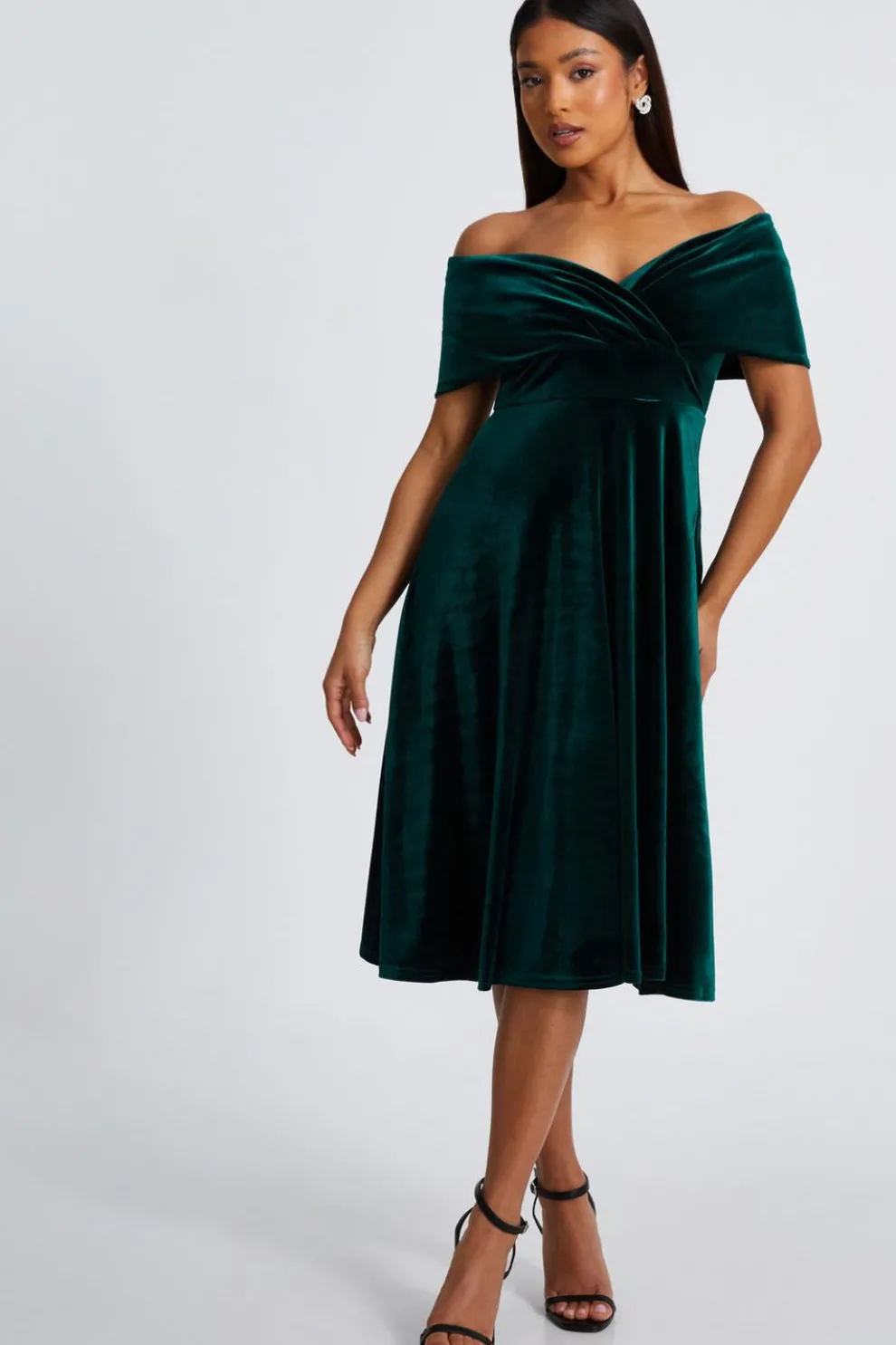 Petite Bottle Green Velvet Bardot Midi Dress