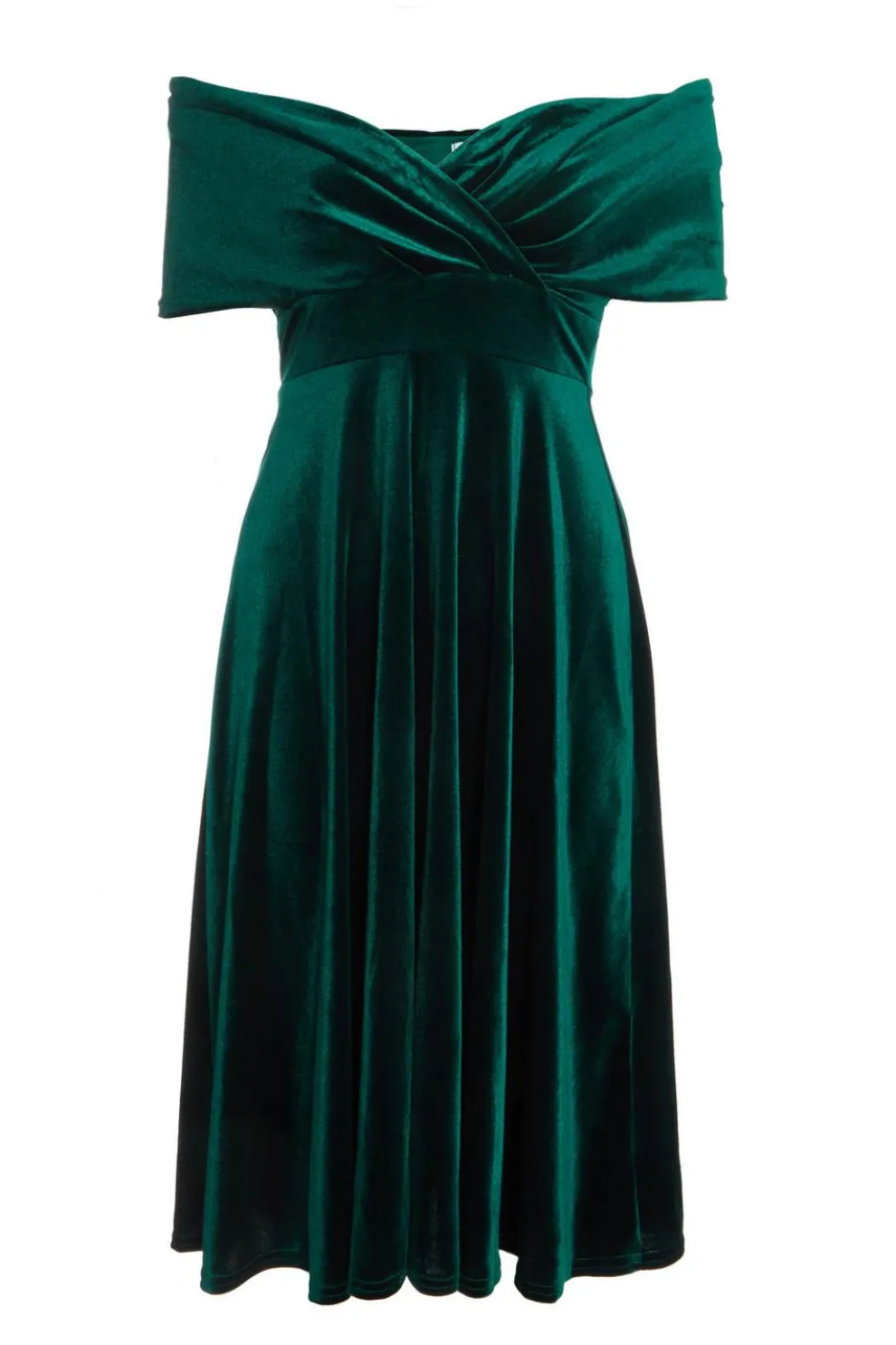 Petite Bottle Green Velvet Bardot Midi Dress