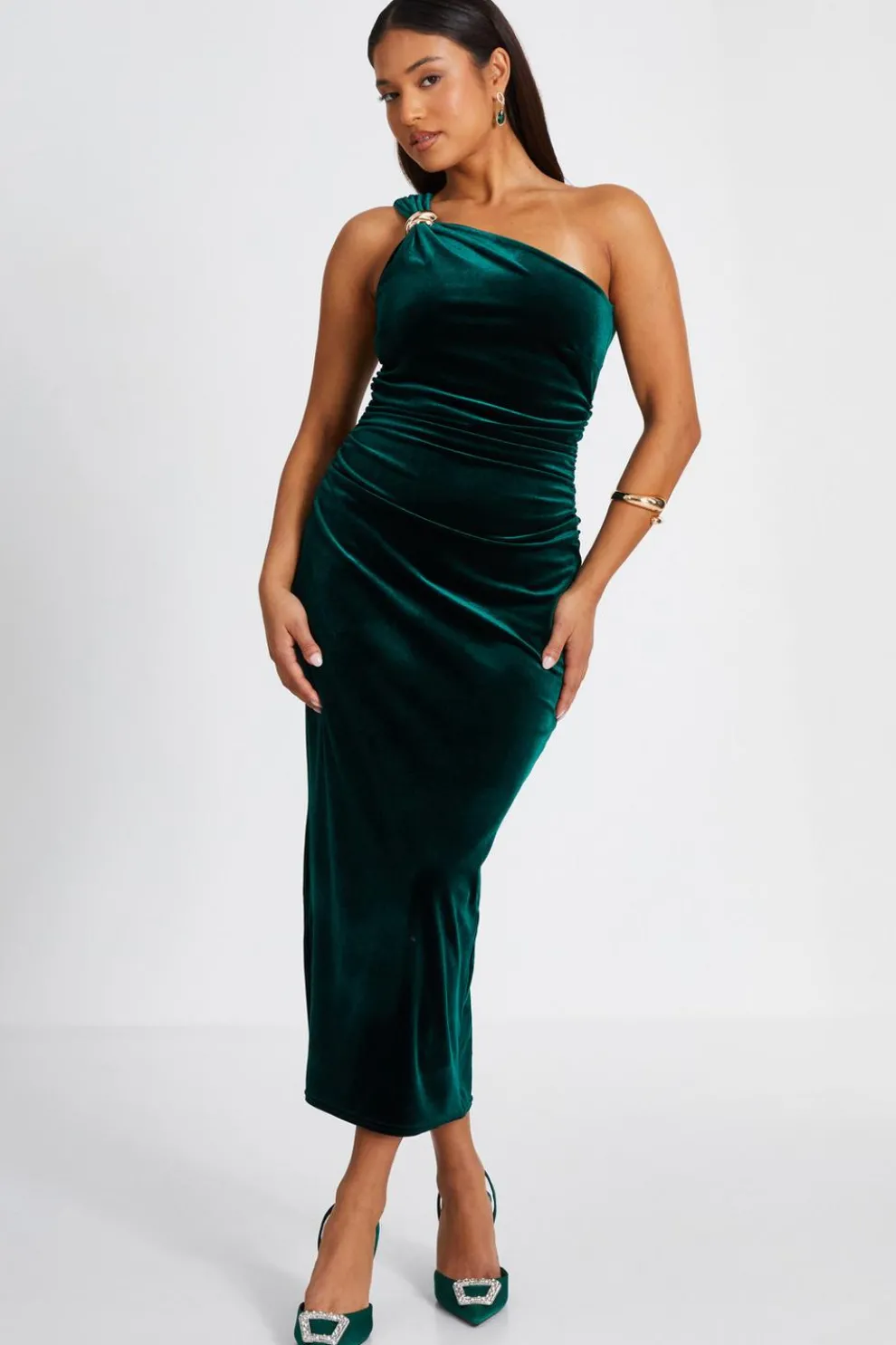 Petite Bottle Green Velvet Midaxi Dress